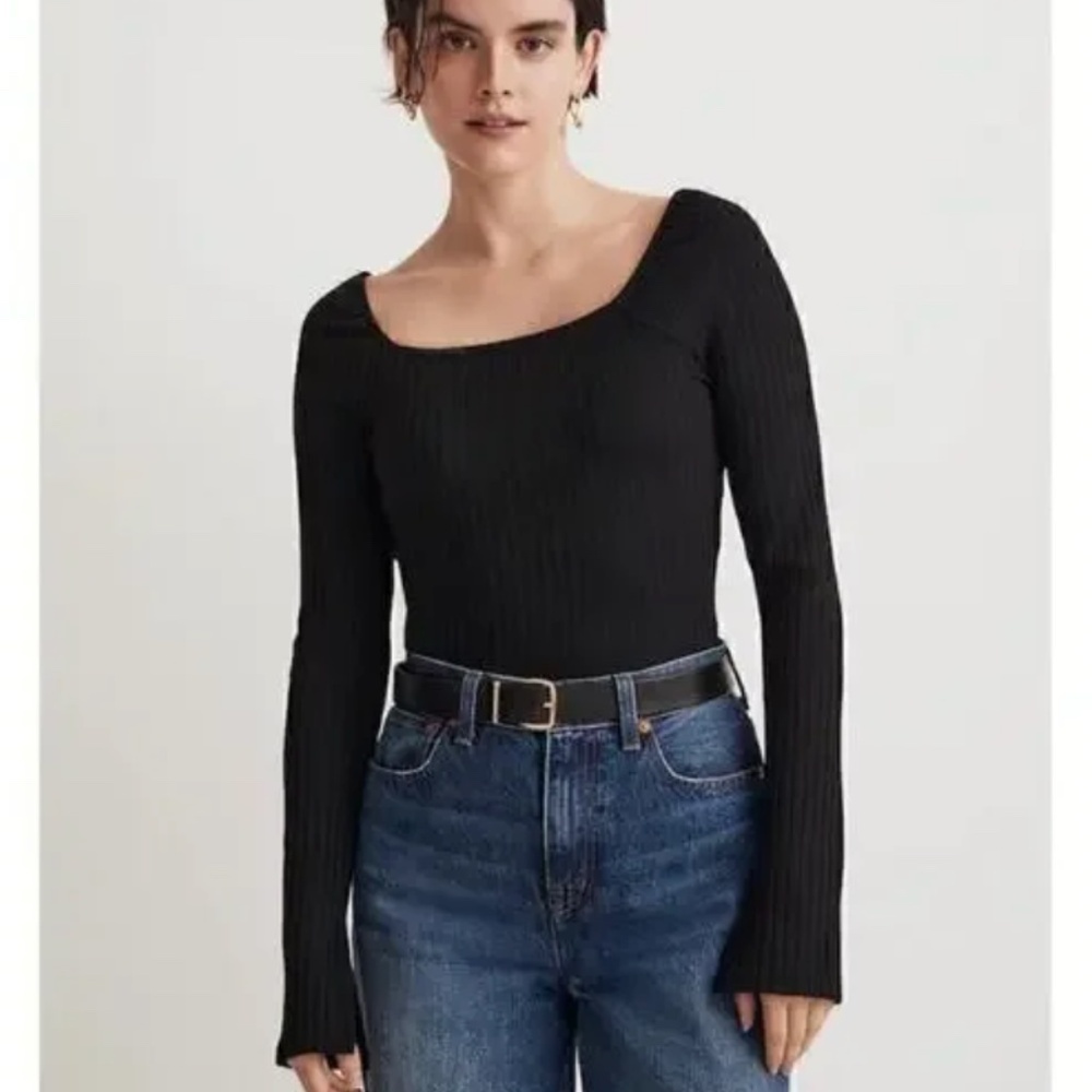 Madewell Ribbed Square-Neck Long-Sleeve Cropped Tee True Black Basic Size Medium